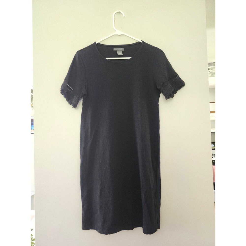 Chelsea & Theodore Boho Fringe Short Sleeve Black Cotton T-Shirt Dress Small